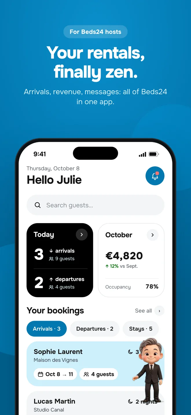 Home: arrivals, departures and monthly revenue